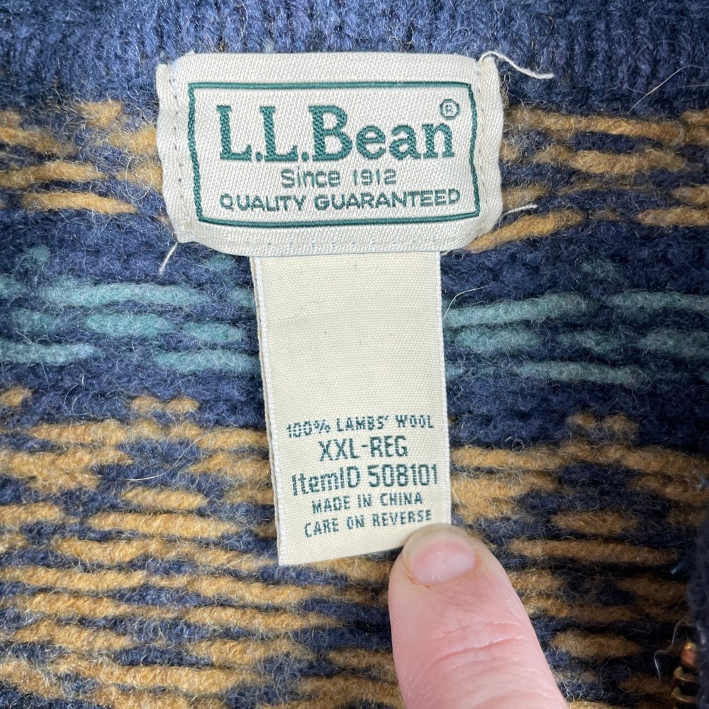 L.L. Bean Sweater Jacket Mens XXL Blue Fair Isle Lambs Wool Full Zip Scratchy - Picture 3 of 9